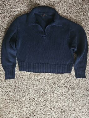 Quince Organic Cotton Polo Sweater sz S Navy Blue Long Sleeve Cropped